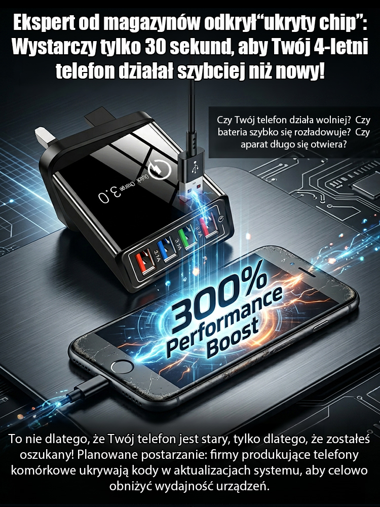 【Zvýšení výdrž mobilního telefonu】Cestovní nabíječka se čtyřmi porty⚡Nabíjí až 10× rychleji než běžné nabíječky  🔋Dejte sbohem sekání a přehřívání telefonu.   ✅ Kompatibilní se všemi zařízeními iPhone a Android. 100% záruka vrácení peněz.