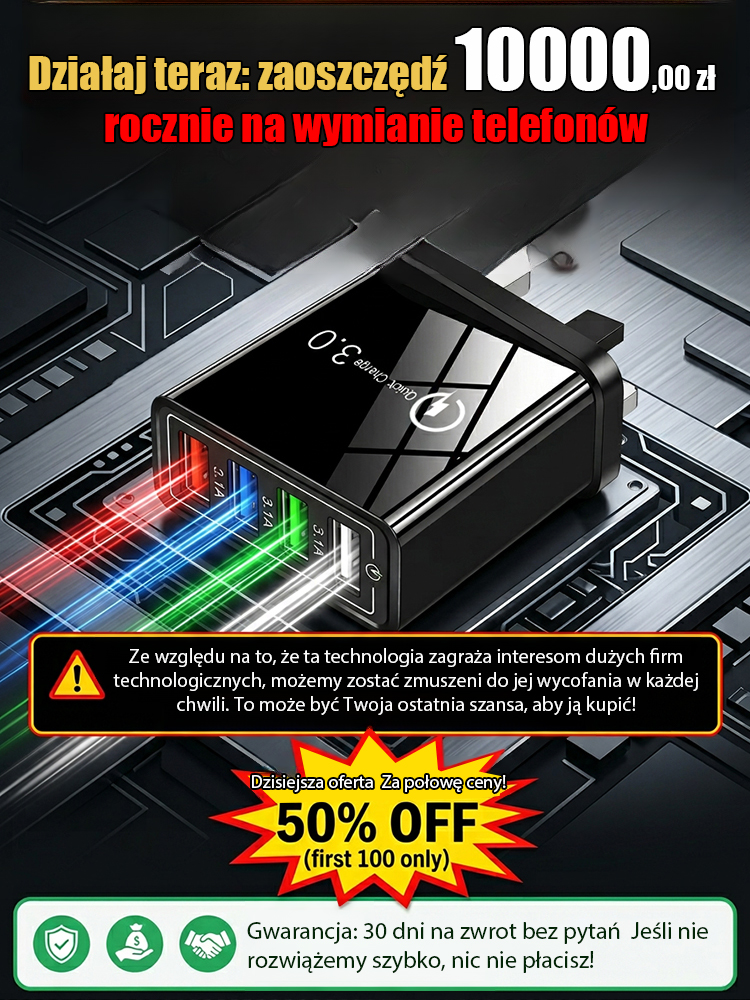 【Zvýšení výdrž mobilního telefonu】Cestovní nabíječka se čtyřmi porty⚡Nabíjí až 10× rychleji než běžné nabíječky  🔋Dejte sbohem sekání a přehřívání telefonu.   ✅ Kompatibilní se všemi zařízeními iPhone a Android. 100% záruka vrácení peněz.