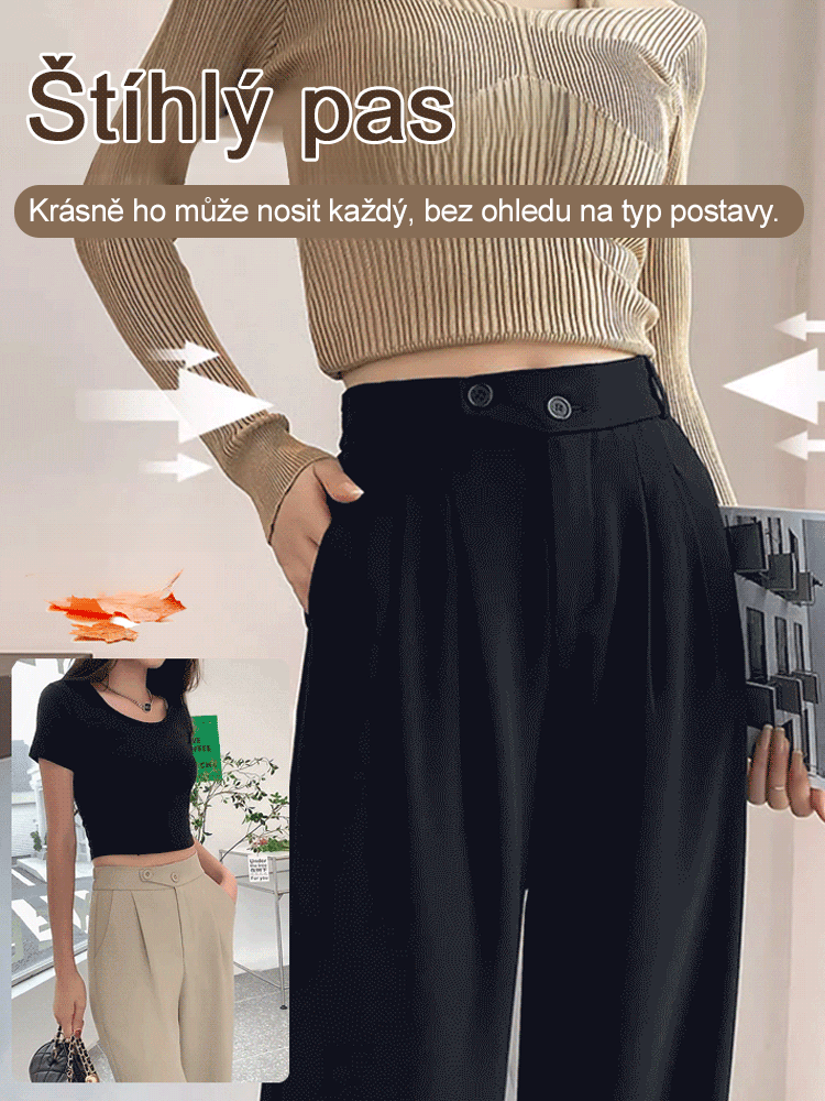 Oblíbené vysoké kalhoty s širokými nohavicemi, které zeštíhlují a hodí se k čemukoli.