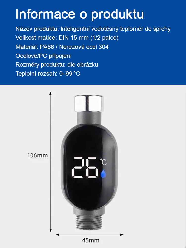 Inteligentní vodotěsný teplotní displej pro sprchovou hlavici ?Teplá voda bez elektřiny a plynu!