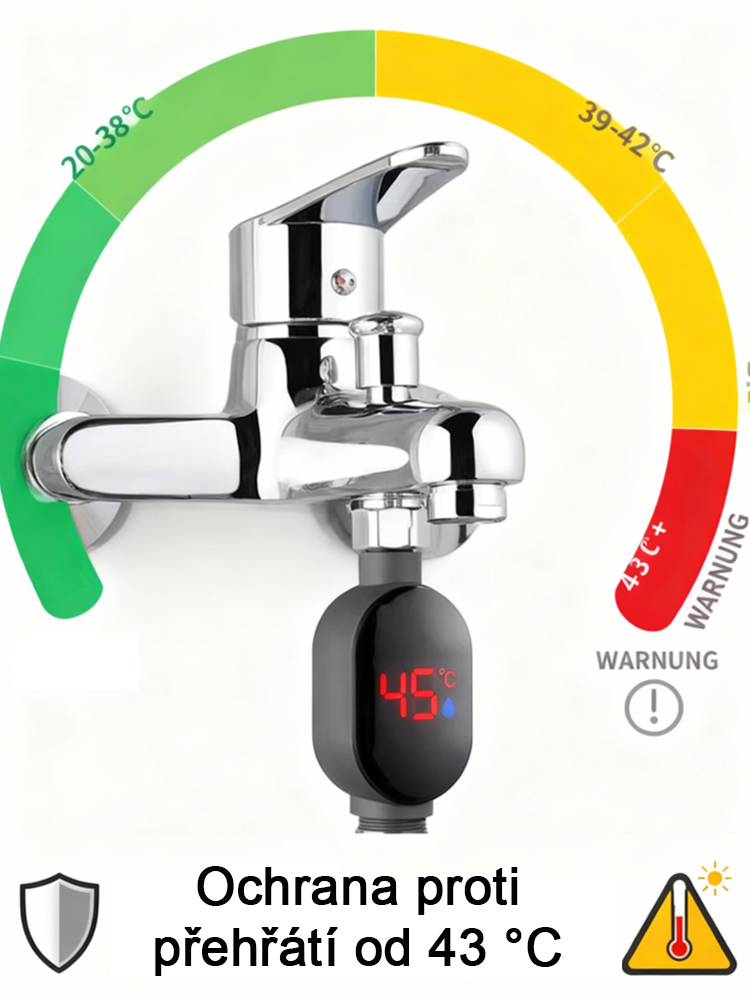 Inteligentní vodotěsný teplotní displej pro sprchovou hlavici ?Teplá voda bez elektřiny a plynu!