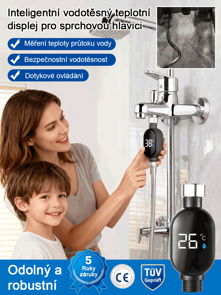 Inteligentní vodotěsný teplotní displej pro sprchovou hlavici ?Teplá voda bez elektřiny a plynu!
