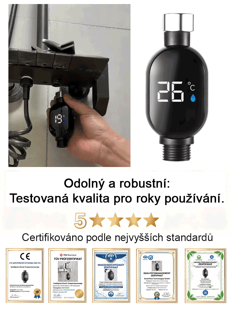 Inteligentní vodotěsný teplotní displej pro sprchovou hlavici ?Teplá voda bez elektřiny a plynu!