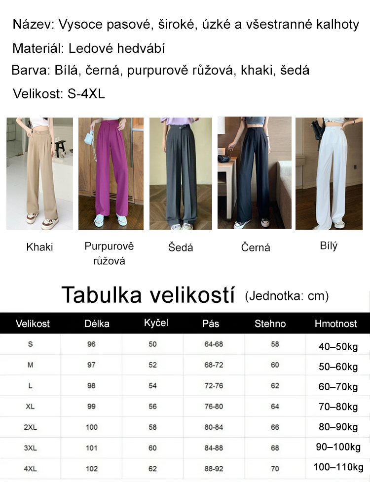 Oblíbené vysoké kalhoty s širokými nohavicemi, které zeštíhlují a hodí se k čemukoli.