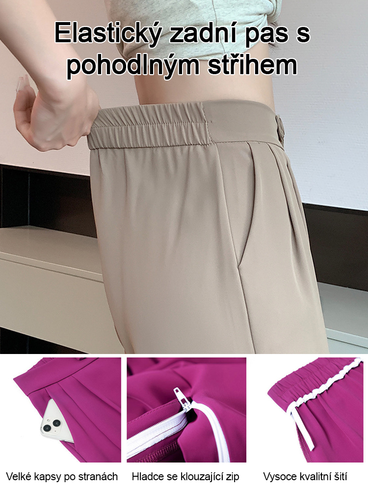 Oblíbené vysoké kalhoty s širokými nohavicemi, které zeštíhlují a hodí se k čemukoli.