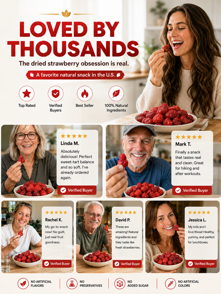 Made with carefully selected strawberries and gently dried to concentrate that rich strawberry flavor in every bite.