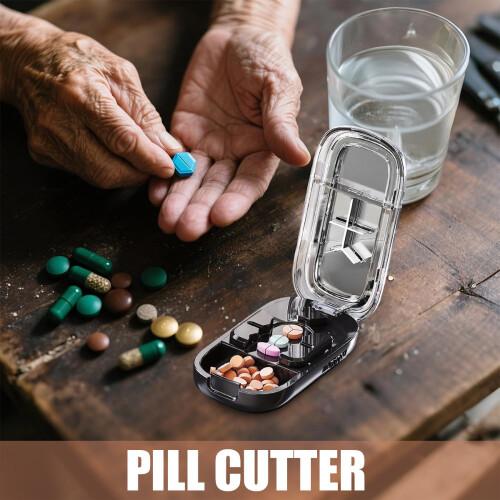 Multi-Compartment Pill Cutter & Organizer for Seniors &ndash; Travel-Friendly, Moisture-Proof with 1/2, 1/3, 1/4 Tablet Divider, Perfect for Medicine and Pills, Ideal Gift for Elderly, Available in Milky White & Starry Black