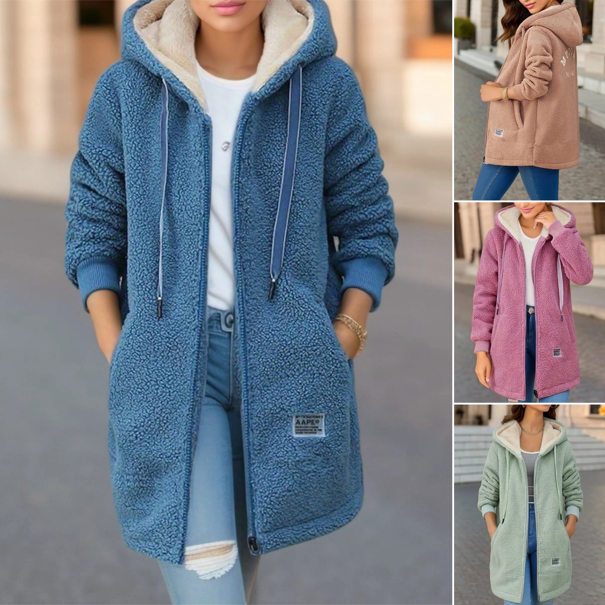 Polarowa bluza z kapturem typu sherpa, zapinana na zamek