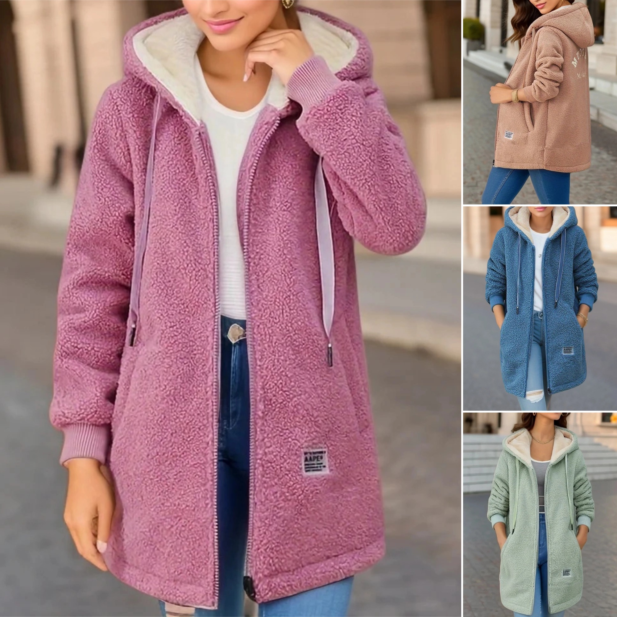 Polarowa bluza z kapturem typu sherpa, zapinana na zamek