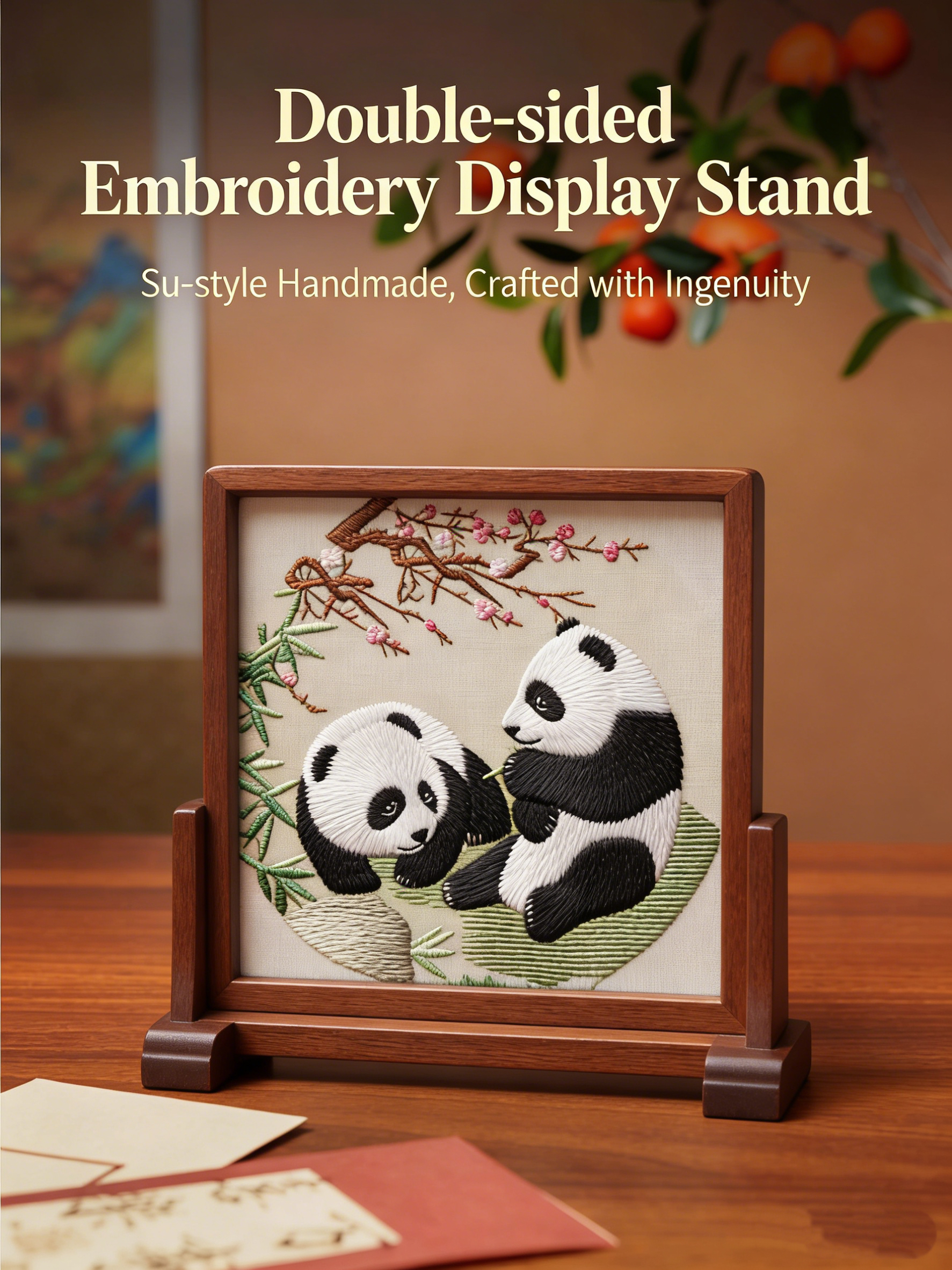 Chinese Su Embroidery Ornament, Handmade Double-Sided Embroidery Table Screen, Chinese Style Embroidery