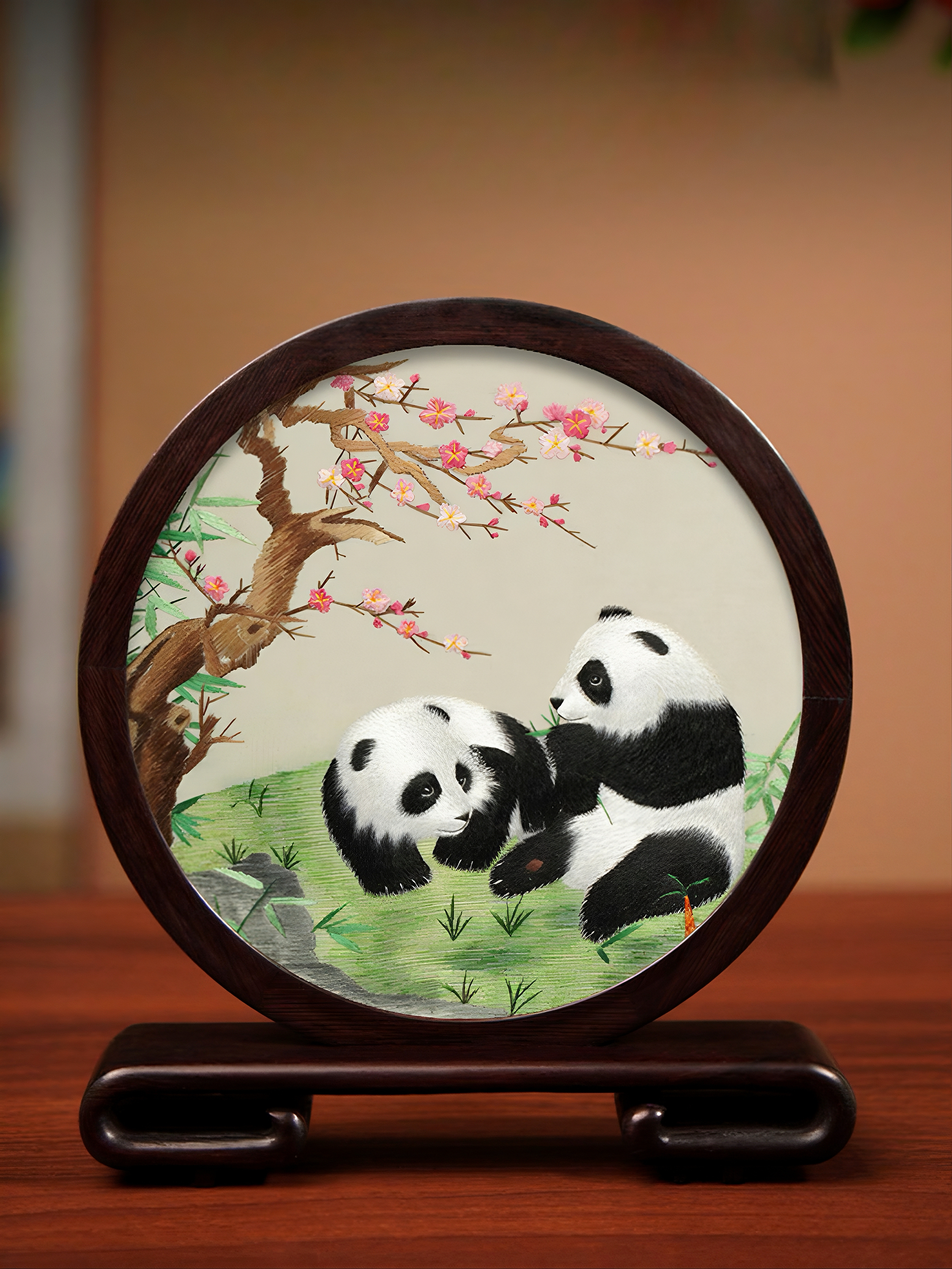 Double-Sided Su Embroidery Panda Ornament, Intangible Cultural Heritage Desktop Decoration, Chinese Style Souvenir & Gift