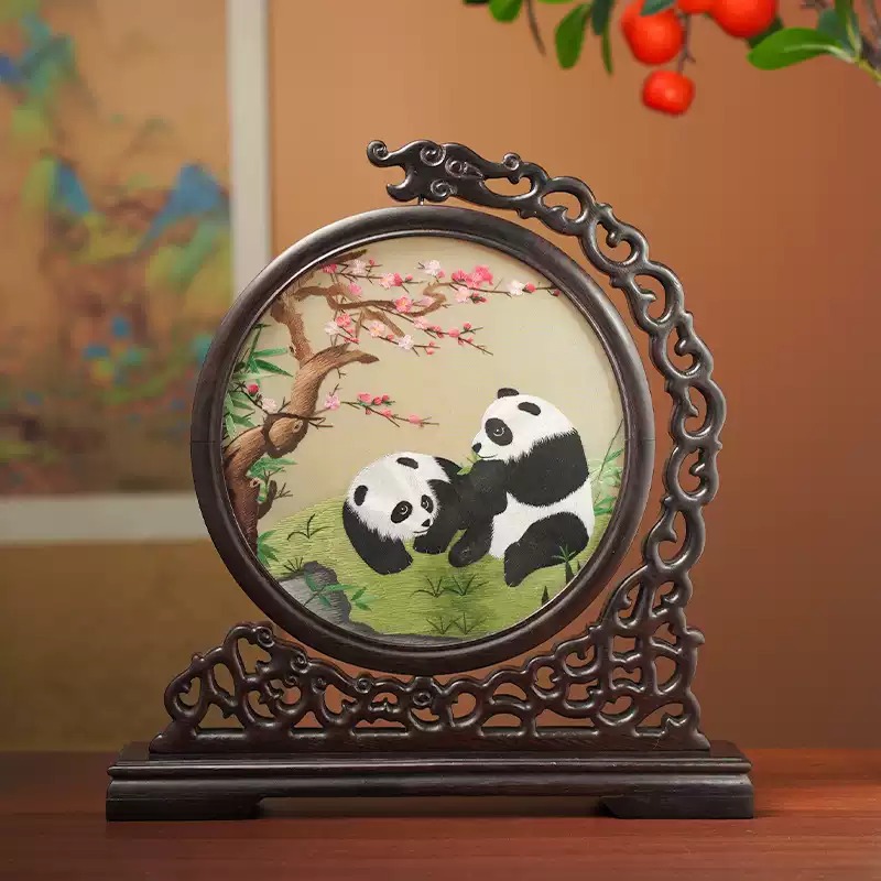 Solid Wood Handmade Suzhou Double-Sided Embroidery Table Screen Ornament