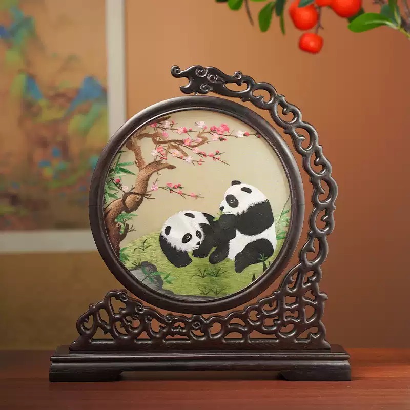Solid Wood Handmade Suzhou Double-Sided Embroidery Table Screen Ornament