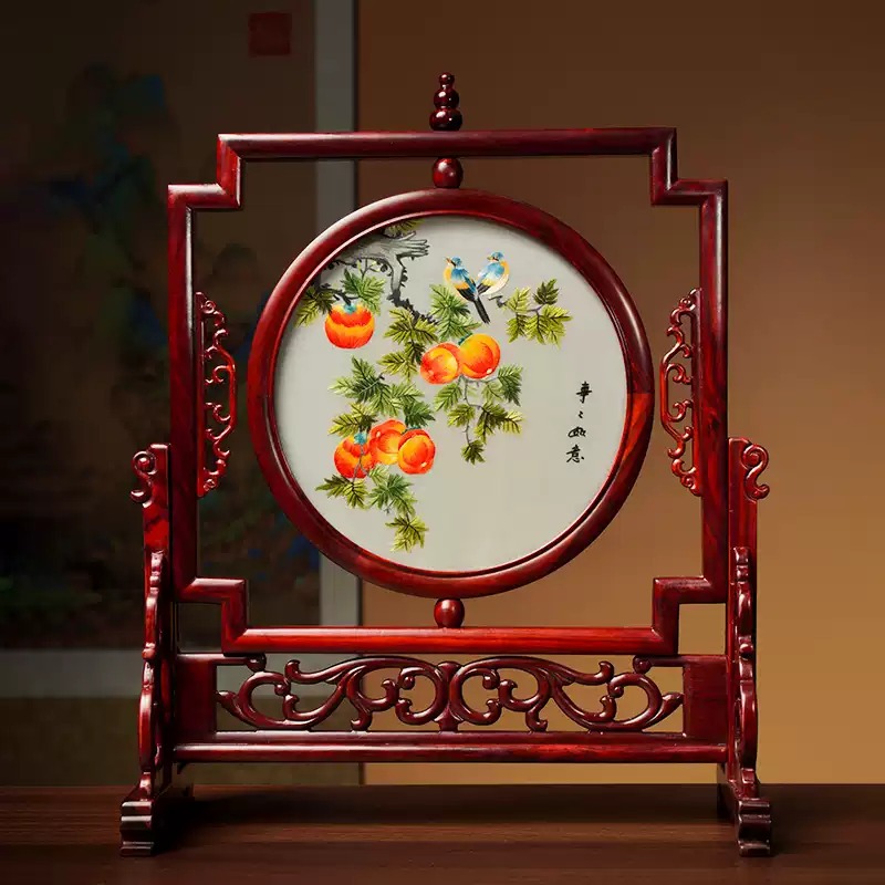 Chinese Vintage Su Embroidery Tabletop Ornament | Handmade Double-Sided Embroidery Desktop Screen Decorative Gift