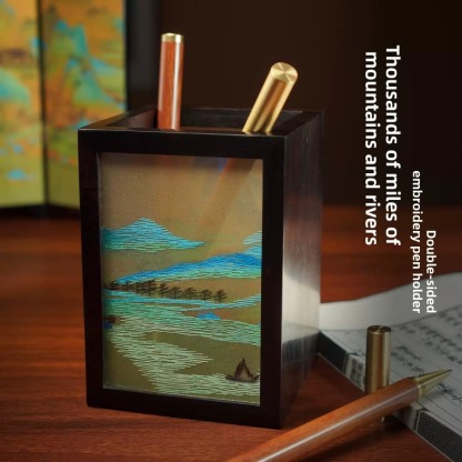 Handmade Su Embroidery Double-Sided Embroidered Black Rosewood Pen Holder  Chinese Style Creative Gift