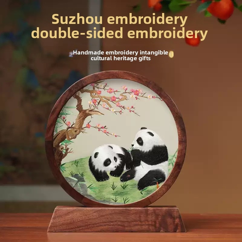 Suzhou Embroidery Double-Sided Panda Ornament - Intangible Cultural Heritage Tabletop Decoration