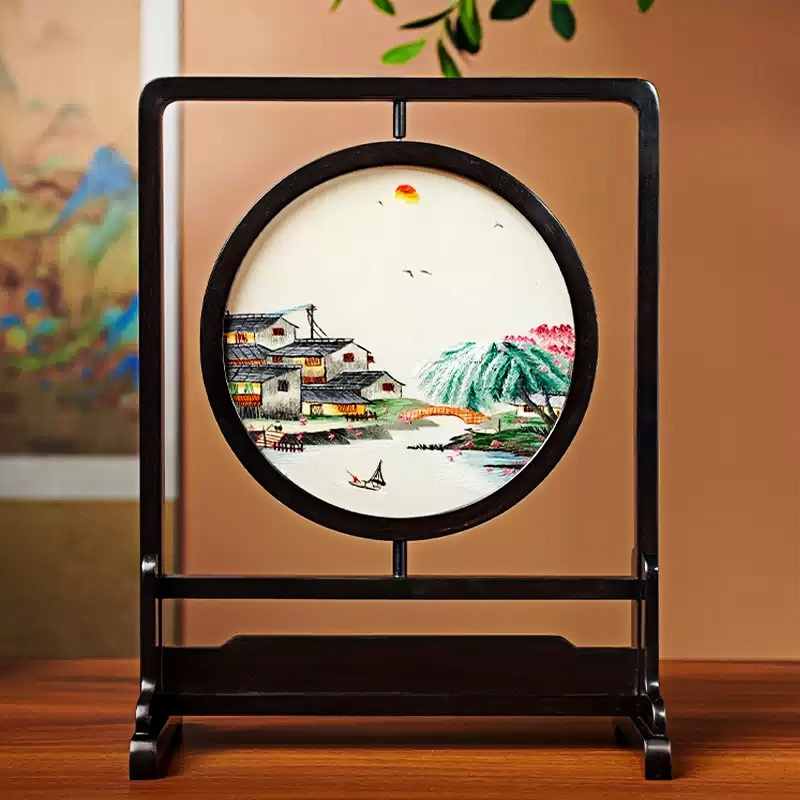 Chinese Vintage Suzhou Embroidery Desktop Ornament • Handmade Double-sided Table Screen Decor