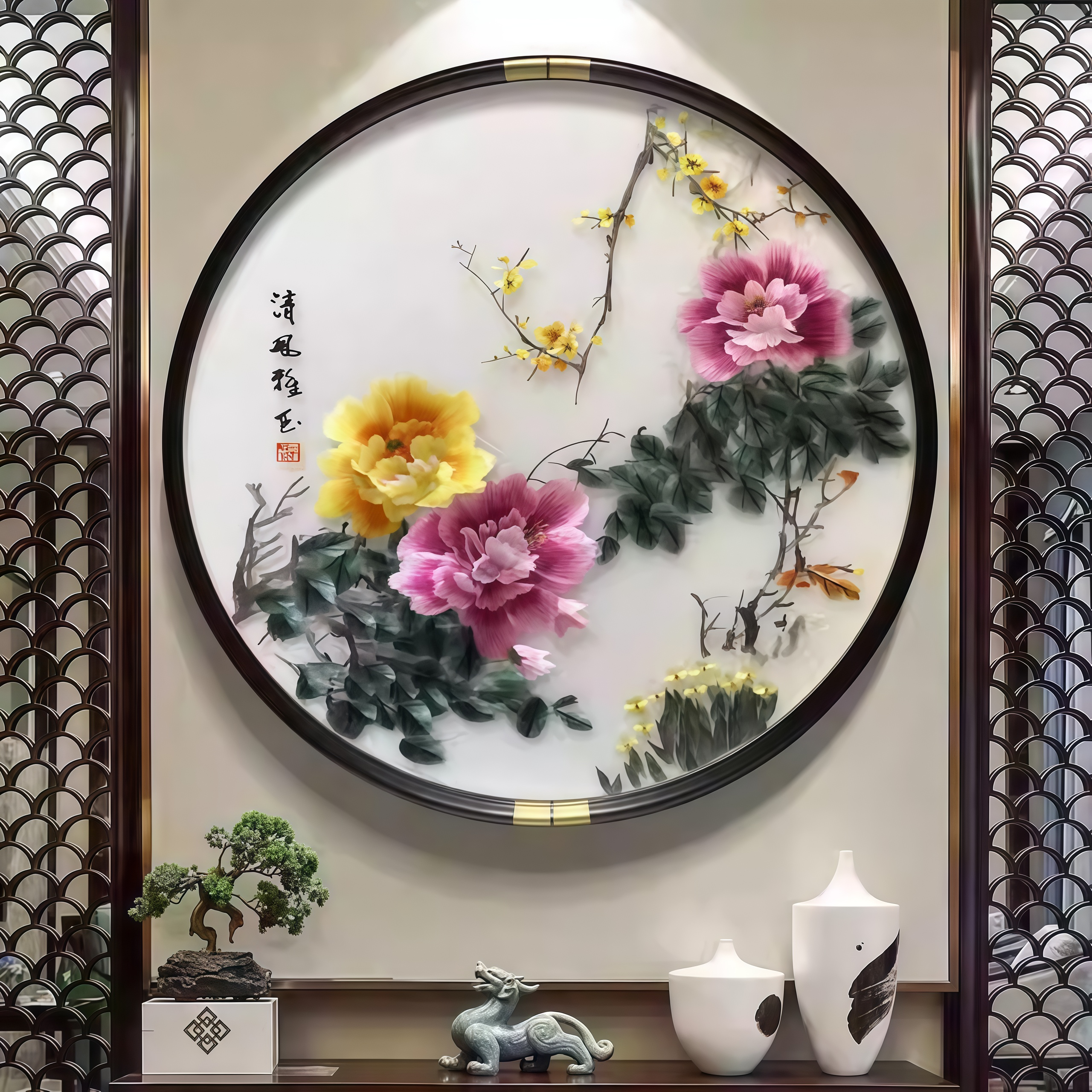 New Chinese Style Suzhou Embroidery Peony Flower Hanging Painting