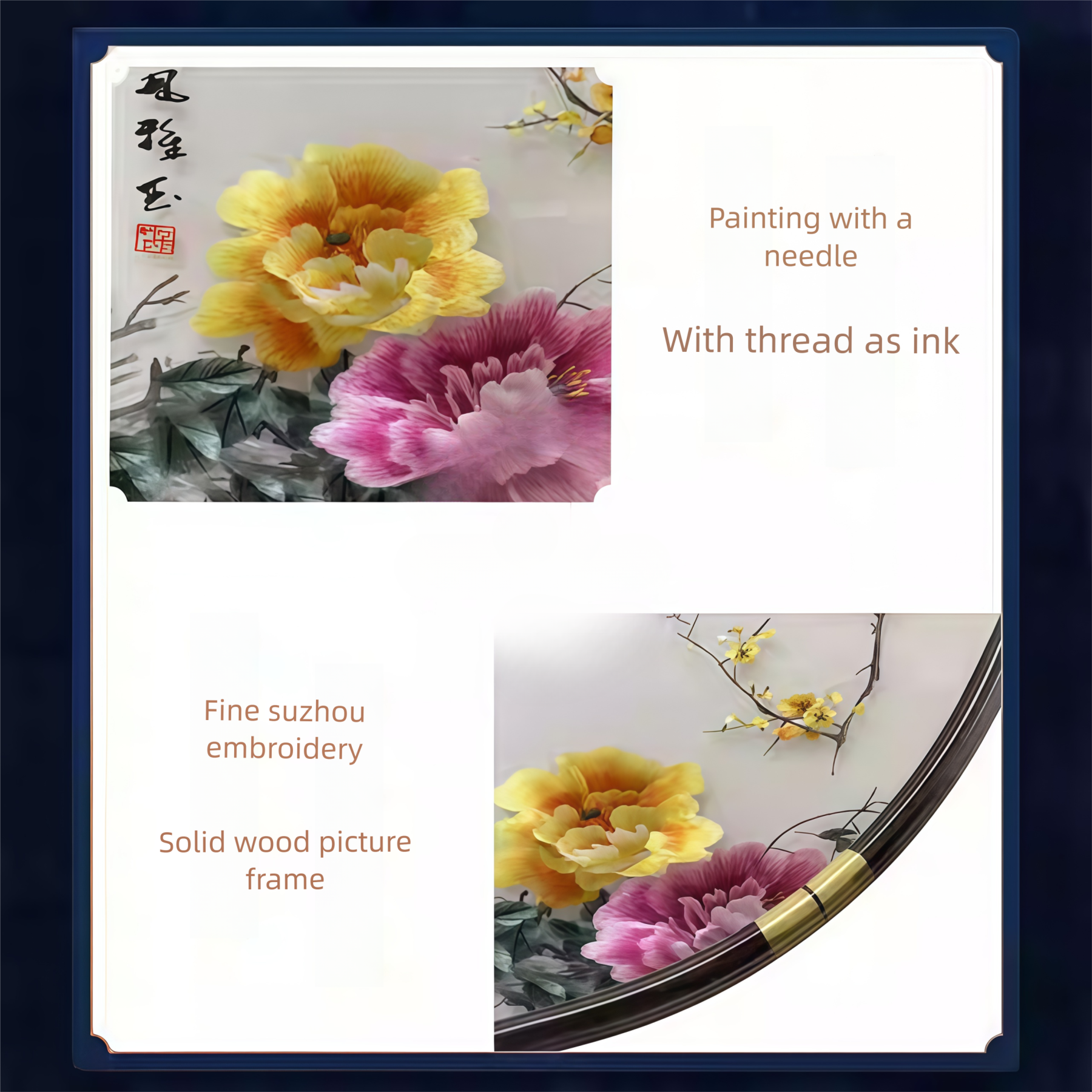 New Chinese Style Suzhou Embroidery Peony Flower Hanging Painting