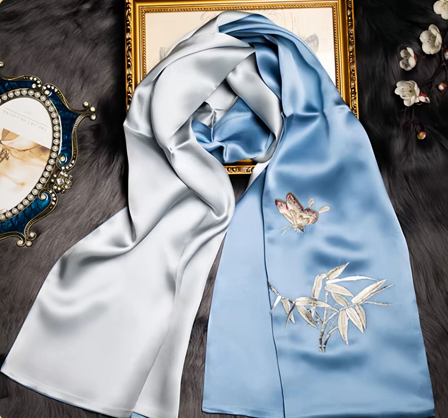 Blue Suzhou Embroidery Silk Scarf