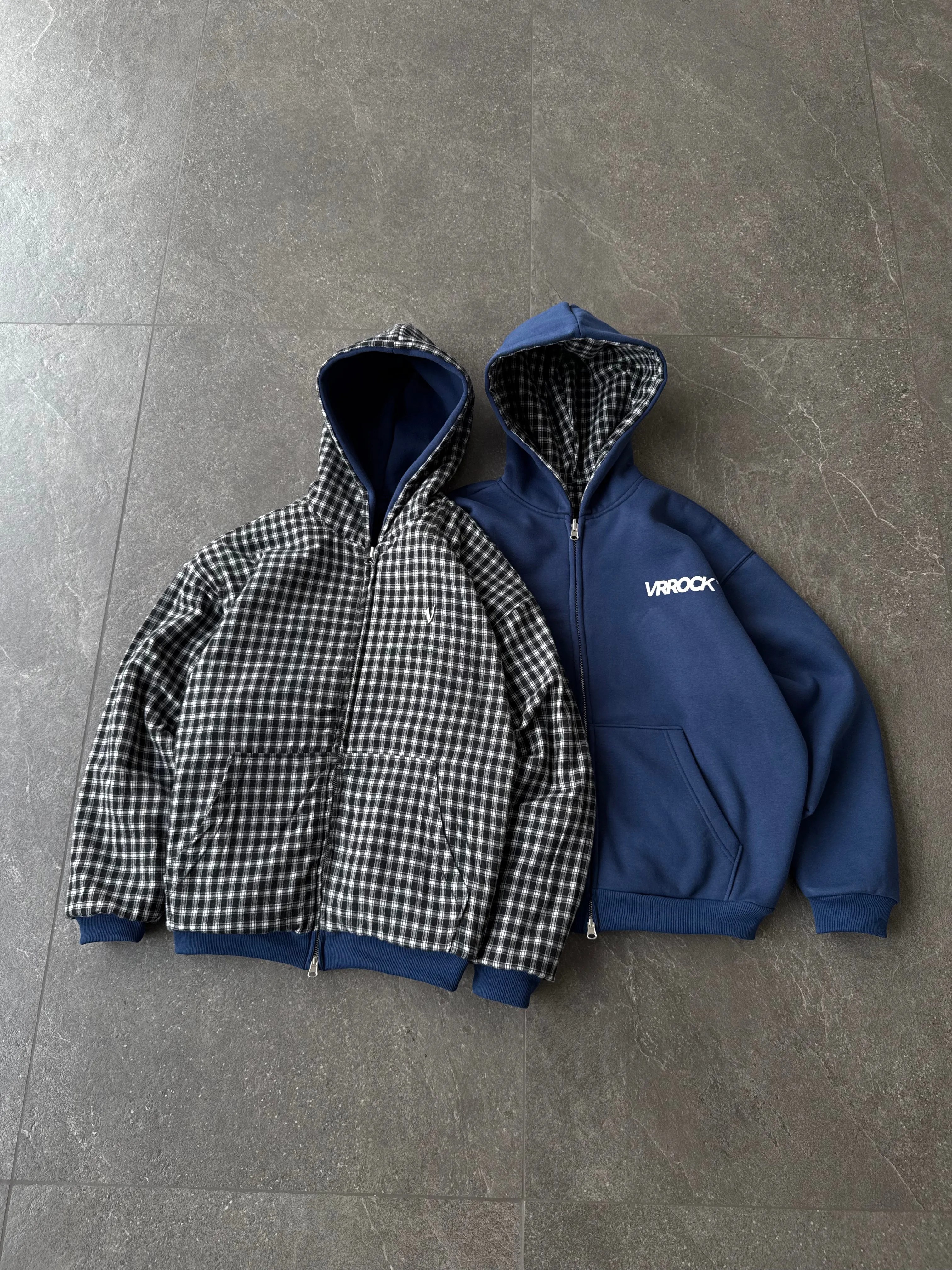 Navy - Reversible Plaid Zip-Hoodie  (Christmas Special Price Time-limited)