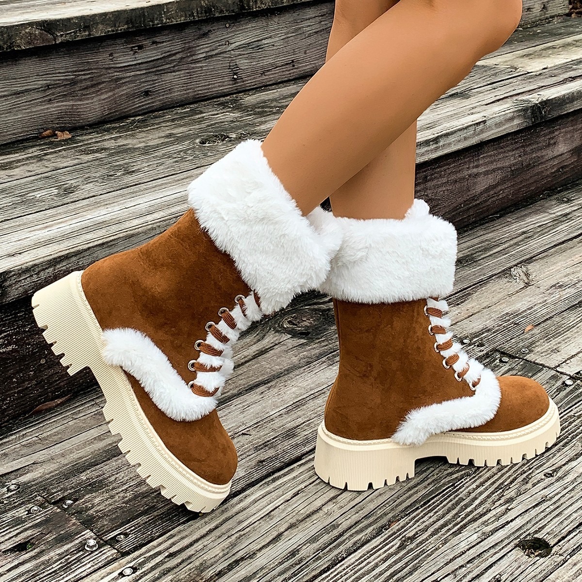 Women's Solid Color Lace Up Mid-calf Round Toe Snow Boots
