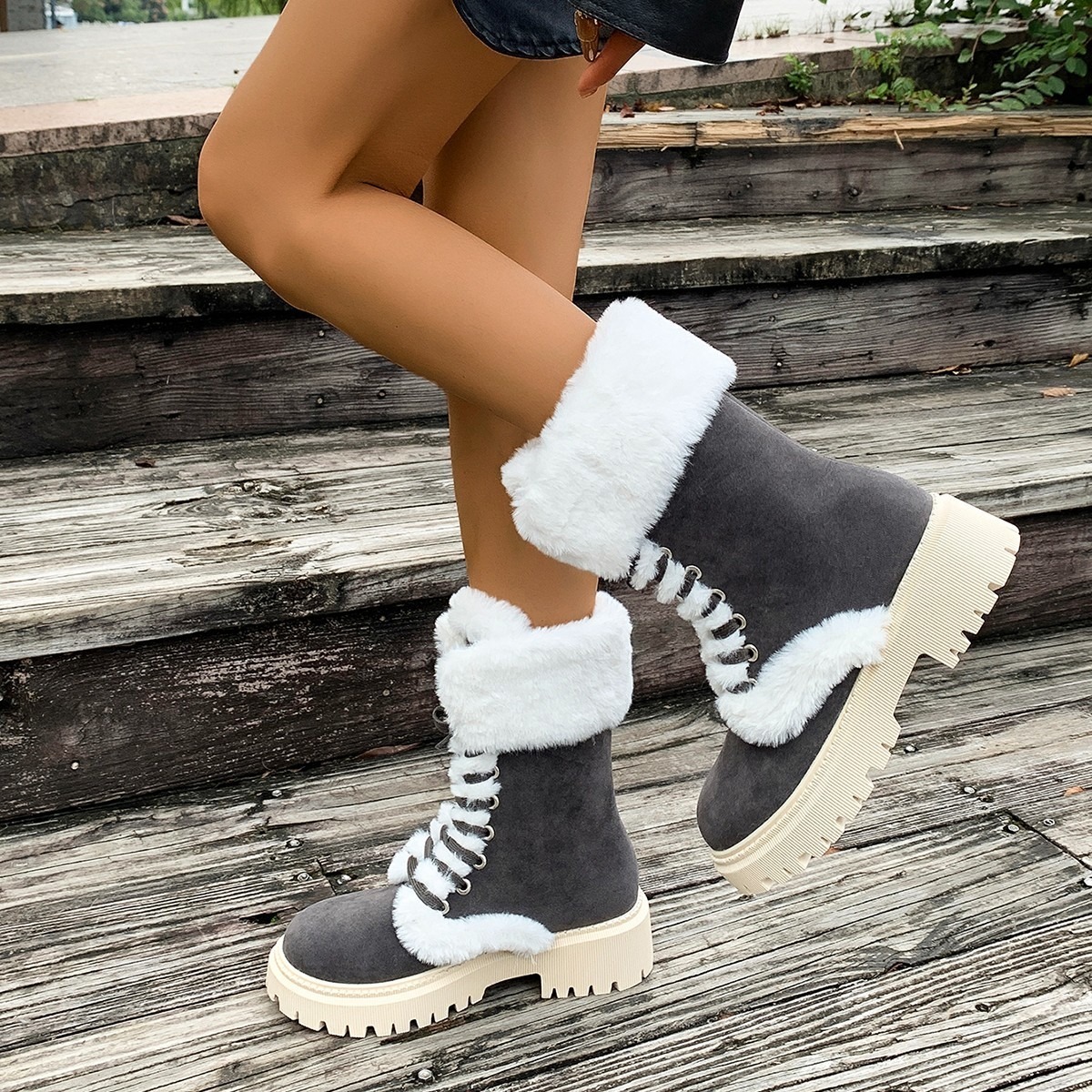 Women's Solid Color Lace Up Mid-calf Round Toe Snow Boots