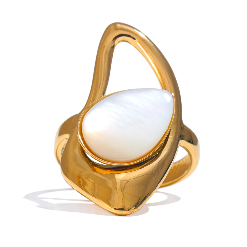 Yhpup Stainless Steel Natural Shell Geometric Open Ring Adjustable 18K PVD Plated Popular Fashion Finger Jewelry Accessories