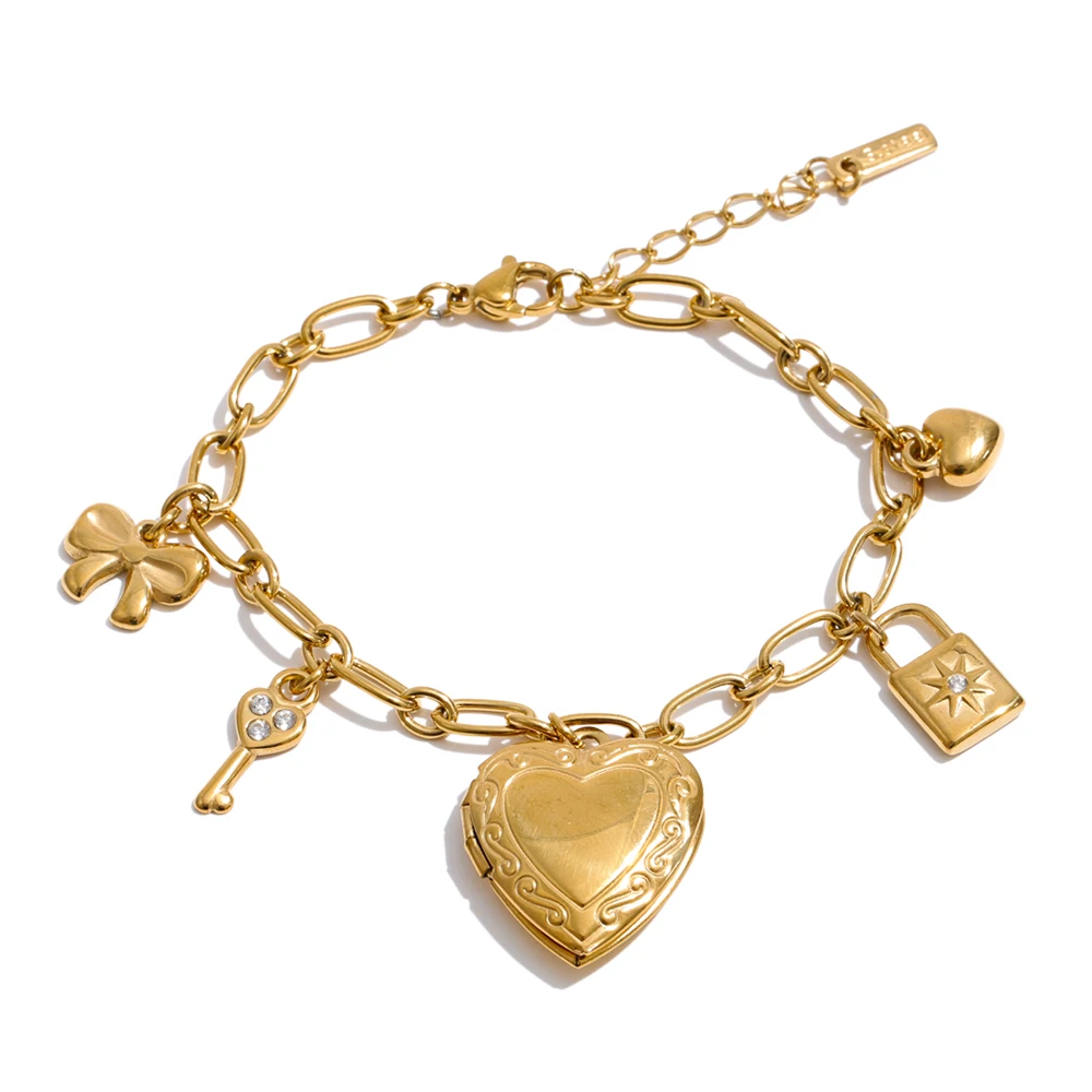 Yhpup High Quality Stainless Steel Charm Pendant Open Heart Put a Photo Necklace Bracelet Set PVD Plated Popular Fashion Jewelry