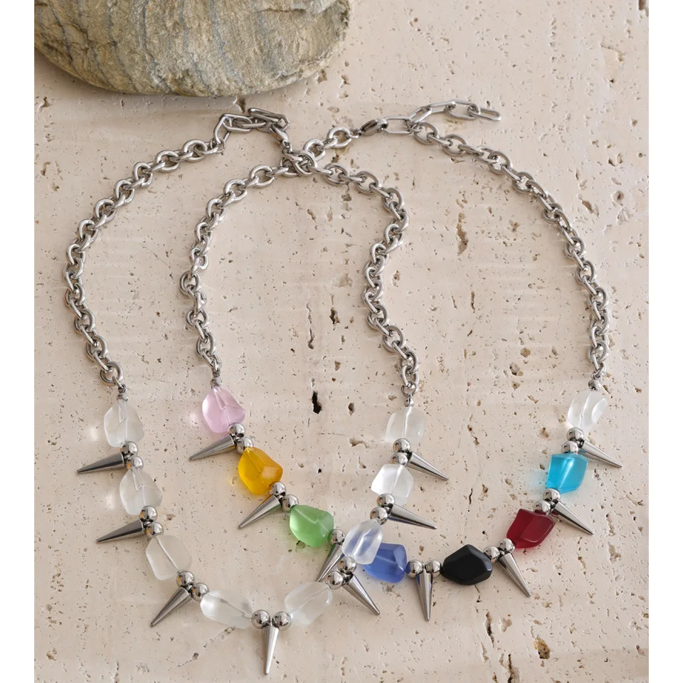 Yhpup 2026 Arrivals Stainless Steel Colorful Acrylic Rivet Drop Necklace Hip-Hop Nightclub Party Wear Unisex Jewelry