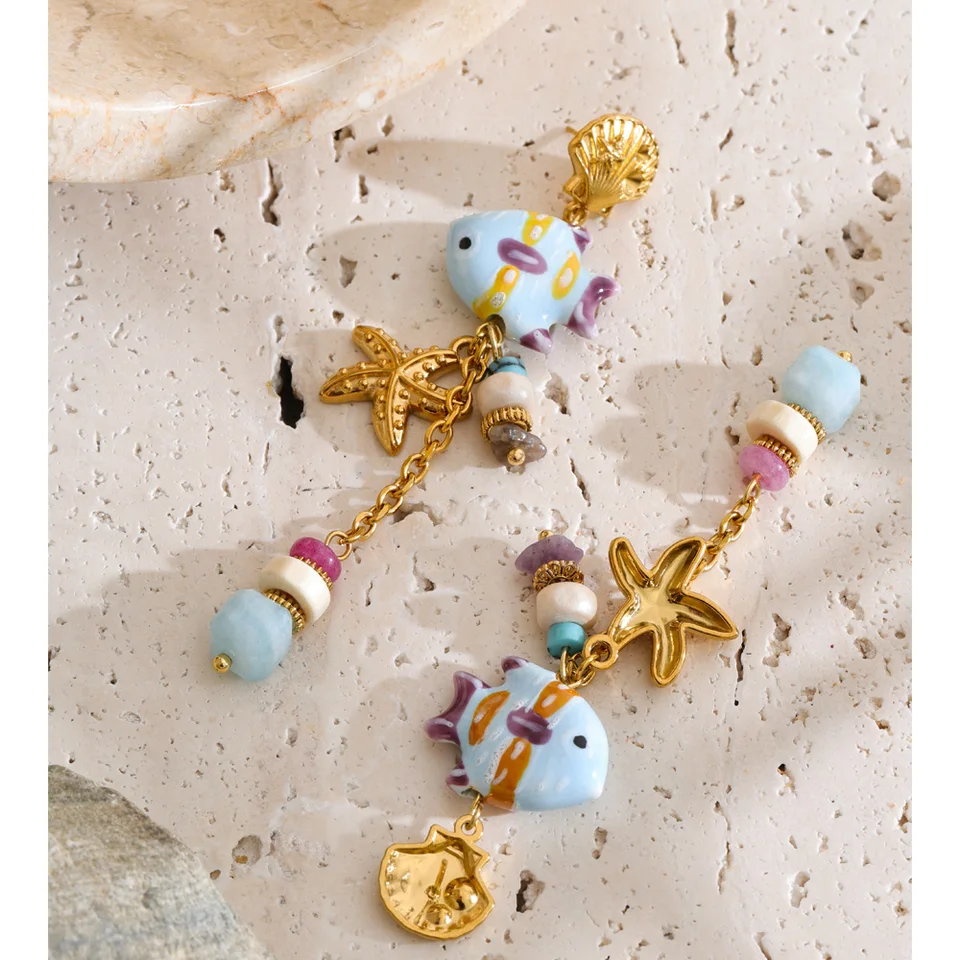 Yhpup Ocean Style Stainless Steel Ceramic Fish Starfish Long Chain Drop Earrings 2026 Handmade Fashion Women Tropical Jewelry