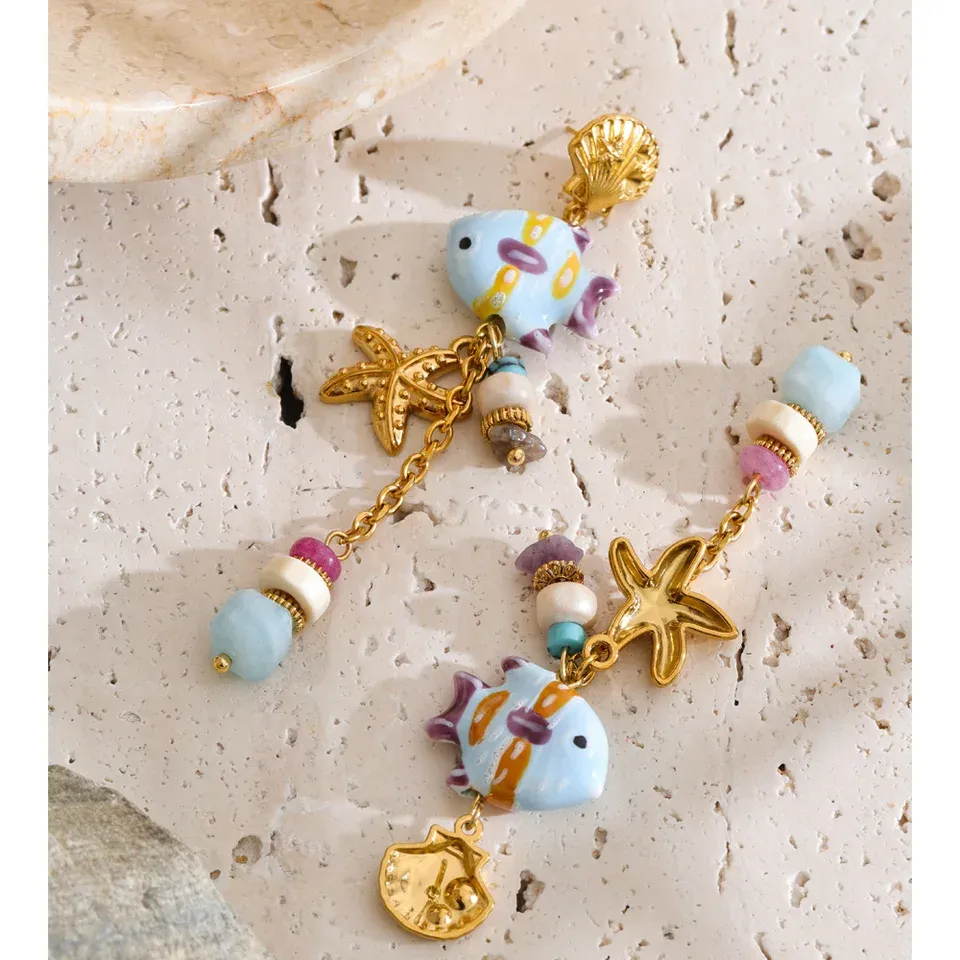 Yhpup Ocean Style Stainless Steel Ceramic Fish Starfish Long Chain Drop Earrings 2026 Handmade Fashion Women Tropical Jewelry