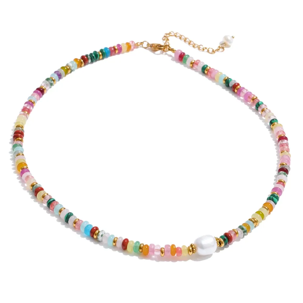 Yhpup Colorful Natural Stone Beads Handmade Chain Y2K Fashion Necklace for Women Stainless Steel Waterproof Collar Jewelry Gift