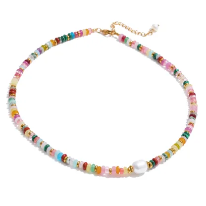 Yhpup Colorful Natural Stone Beads Handmade Chain Y2K Fashion Necklace for Women Stainless Steel Waterproof Collar Jewelry Gift