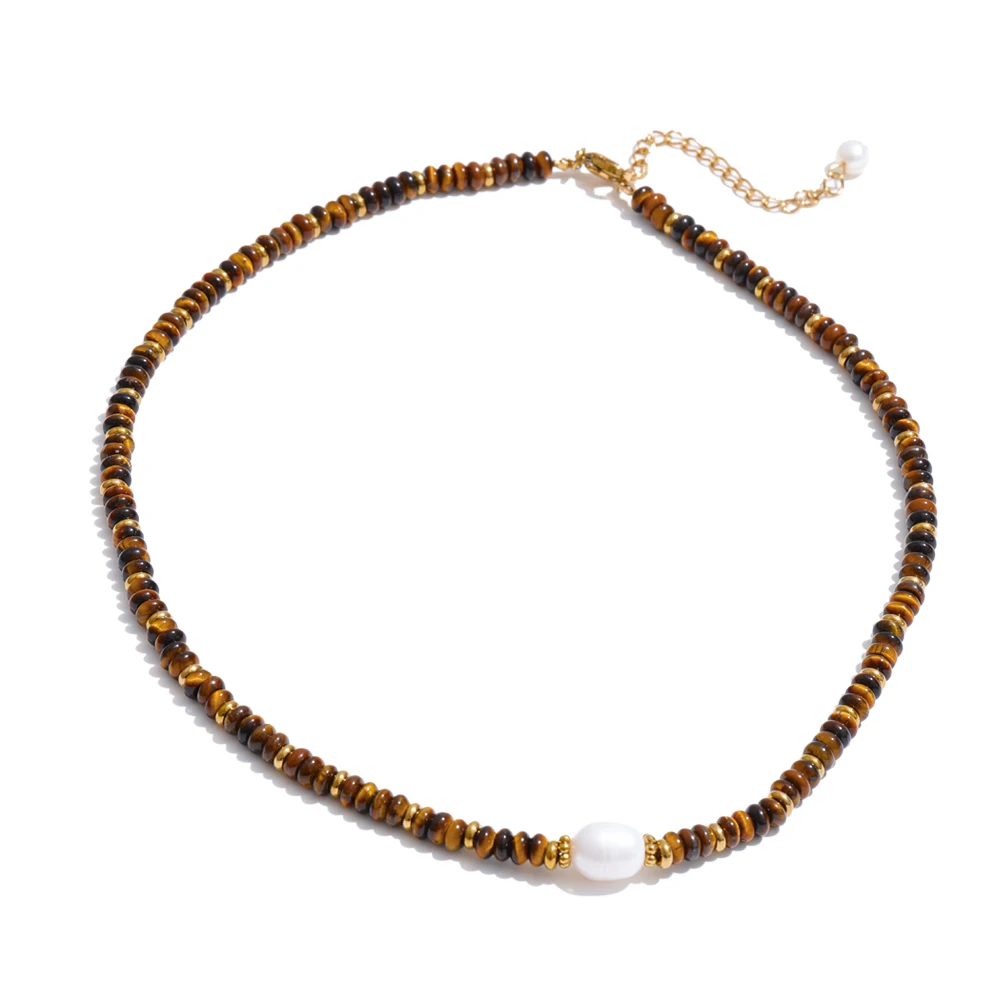 Yhpup Colorful Natural Stone Beads Handmade Chain Y2K Fashion Necklace for Women Stainless Steel Waterproof Collar Jewelry Gift