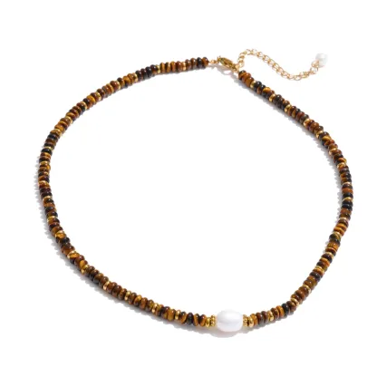 Yhpup Colorful Natural Stone Beads Handmade Chain Y2K Fashion Necklace for Women Stainless Steel Waterproof Collar Jewelry Gift