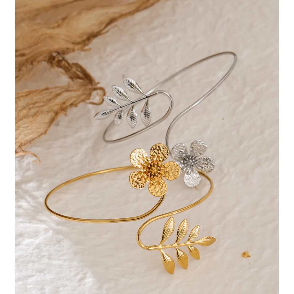 Yhpup Waterproof Stainless Steel Leaves Flower Arm Cuff Bracelet Fashion 2026 Fashion Body Armlet Bangle Jewelry Accessories