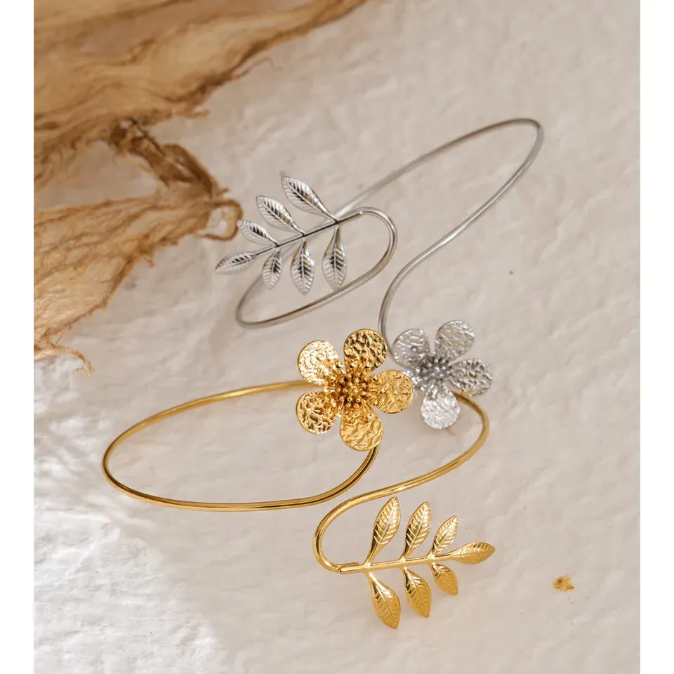 Yhpup Waterproof Stainless Steel Leaves Flower Arm Cuff Bracelet Fashion 2026 Fashion Body Armlet Bangle Jewelry Accessories