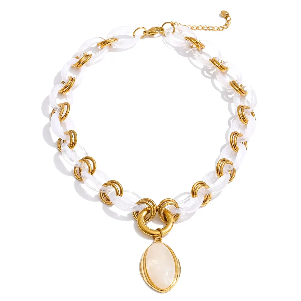 Yhpup Resin Acrylic Handmade Chain Oval Pendant Fashion Statement Necklace 18K Golden PVD Plated Trendy Waterproof Jewelry Gift
