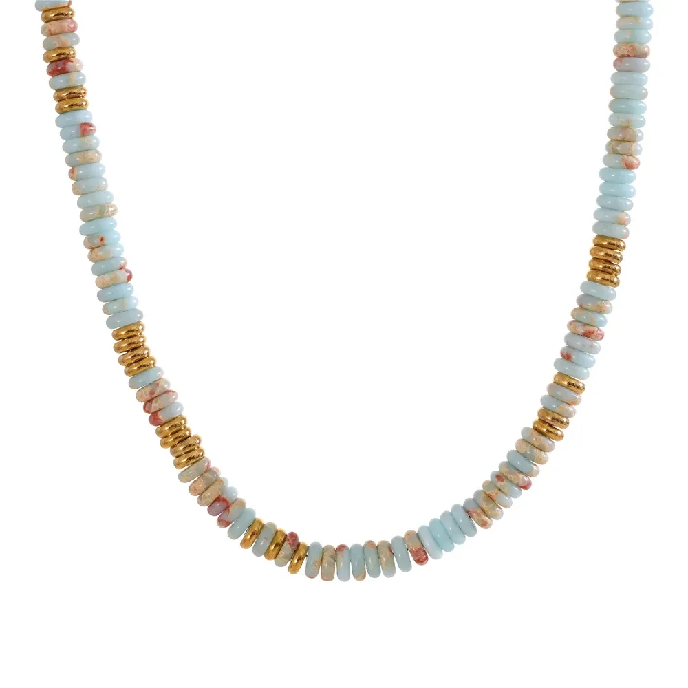 Yhpup Colorful Natural Stone Beads Handmade Chain Y2K Fashion Necklace for Women Stainless Steel Waterproof Collar Jewelry Gift
