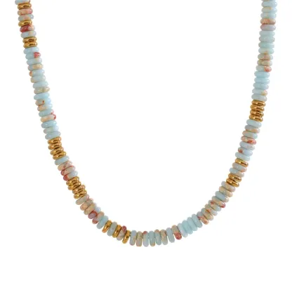 Yhpup Colorful Natural Stone Beads Handmade Chain Y2K Fashion Necklace for Women Stainless Steel Waterproof Collar Jewelry Gift