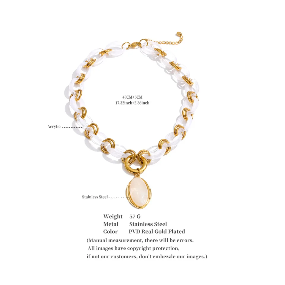 Yhpup Resin Acrylic Handmade Chain Oval Pendant Fashion Statement Necklace 18K Golden PVD Plated Trendy Waterproof Jewelry Gift