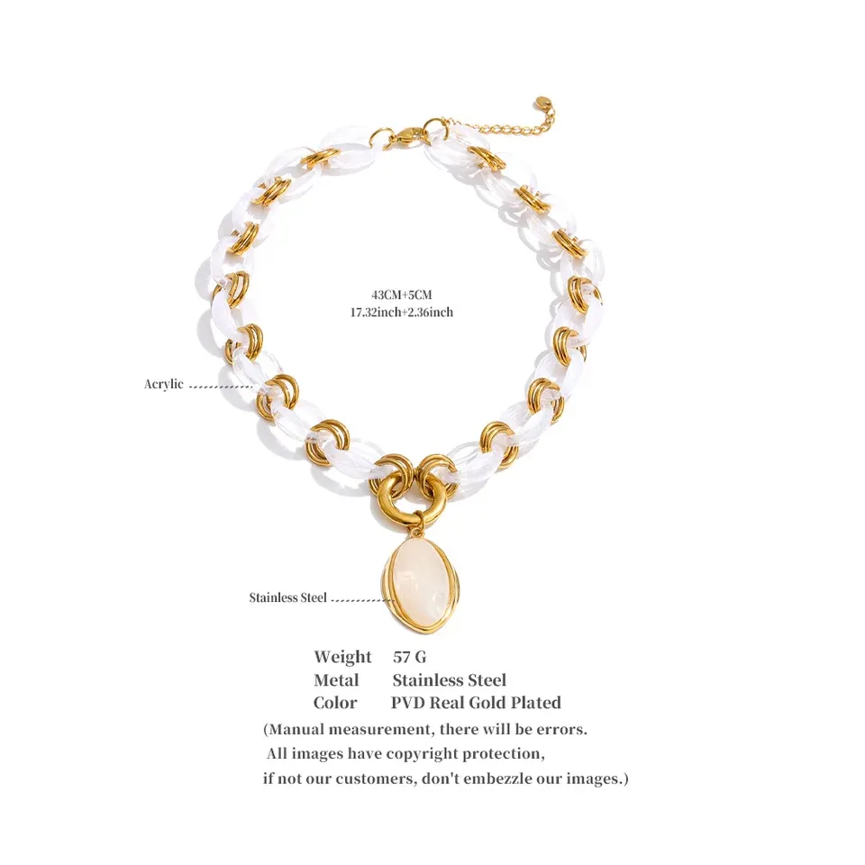 Yhpup Resin Acrylic Handmade Chain Oval Pendant Fashion Statement Necklace 18K Golden PVD Plated Trendy Waterproof Jewelry Gift