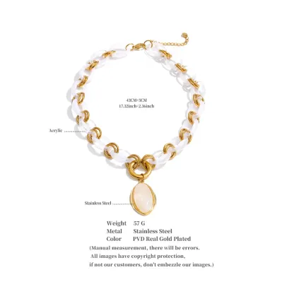 Yhpup Resin Acrylic Handmade Chain Oval Pendant Fashion Statement Necklace 18K Golden PVD Plated Trendy Waterproof Jewelry Gift