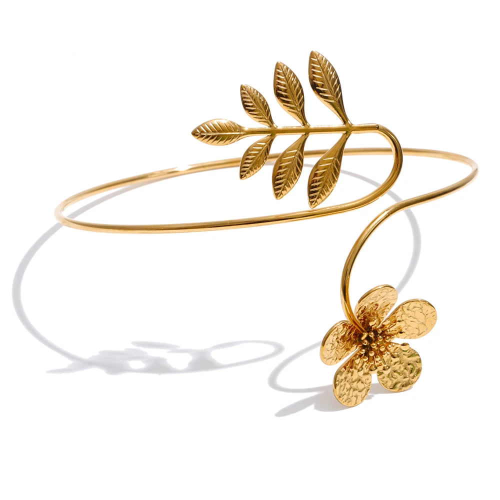 Yhpup Waterproof Stainless Steel Leaves Flower Arm Cuff Bracelet Fashion 2026 Fashion Body Armlet Bangle Jewelry Accessories