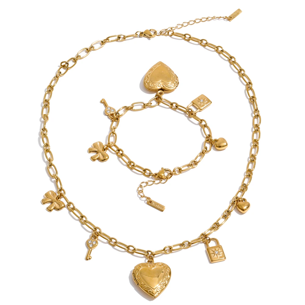 Yhpup High Quality Stainless Steel Charm Pendant Open Heart Put a Photo Necklace Bracelet Set PVD Plated Popular Fashion Jewelry