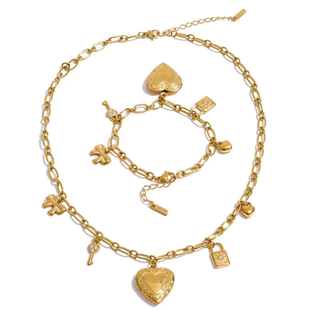 Yhpup High Quality Stainless Steel Charm Pendant Open Heart Put a Photo Necklace Bracelet Set PVD Plated Popular Fashion Jewelry