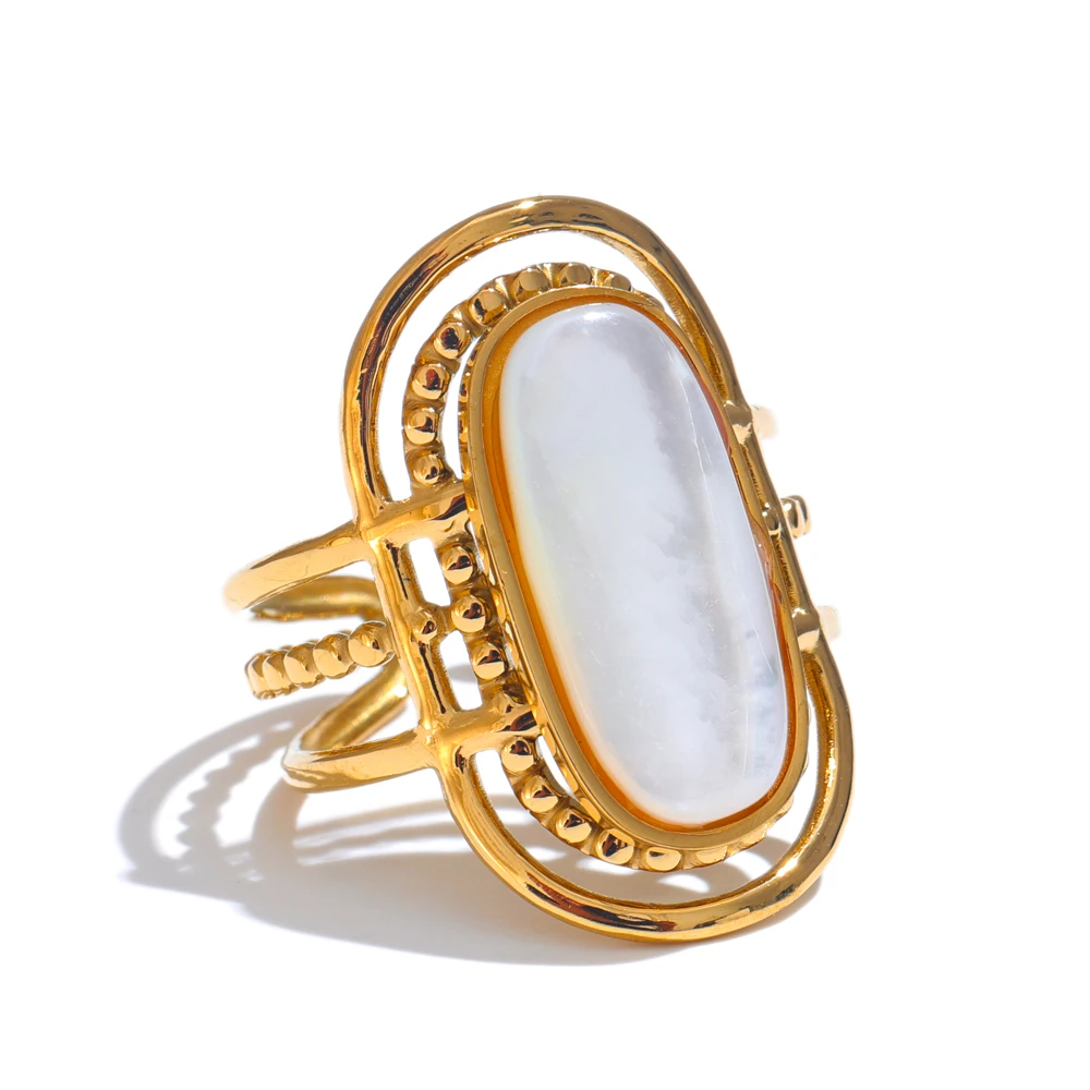 Yhpup Stainless Steel Natural Shell Geometric Open Ring Adjustable 18K PVD Plated Popular Fashion Finger Jewelry Accessories