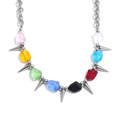 Yhpup 2026 Arrivals Stainless Steel Colorful Acrylic Rivet Drop Necklace Hip-Hop Nightclub Party Wear Unisex Jewelry