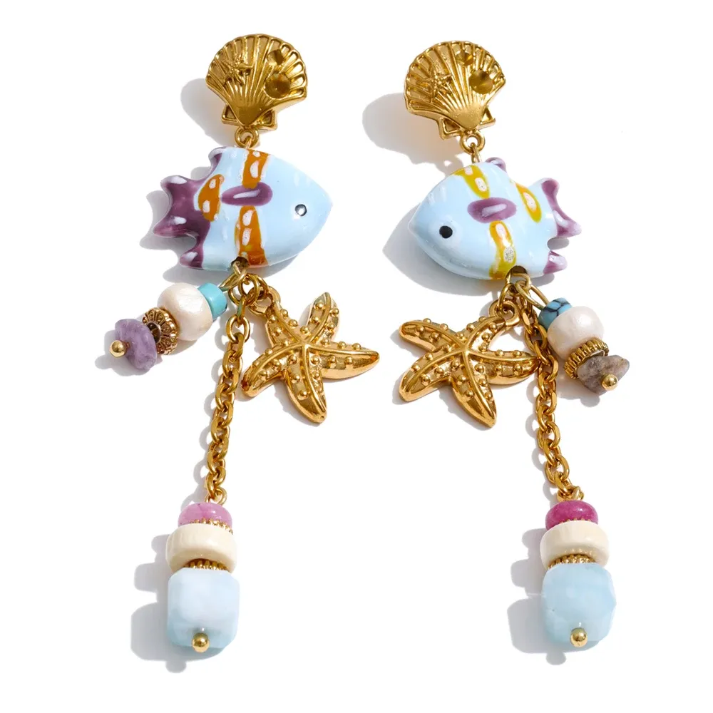Yhpup Ocean Style Stainless Steel Ceramic Fish Starfish Long Chain Drop Earrings 2026 Handmade Fashion Women Tropical Jewelry